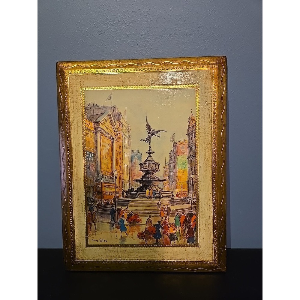 Ellis Silas Piccadilly Circus Decoupage on Wood Board 9"x7" Shaftesbury Fountain